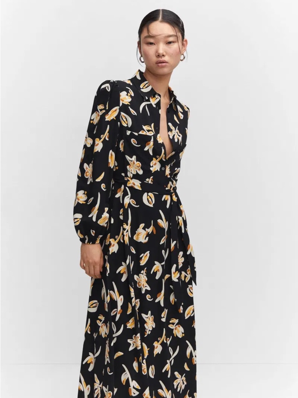 Black Floral Long-Sleeve Shirt Dress